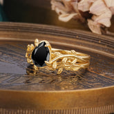 Artistic Vine  Themed 4 - Prong Pear Cut Black Onyx Stackable Rings